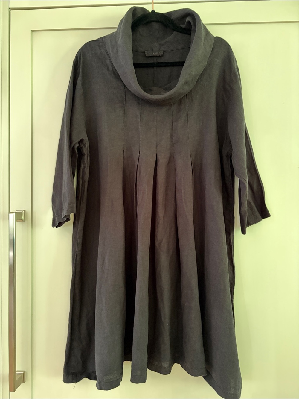 Kokomarina Black 100% linen Cowl-Neck 3/4 sleeve pleated front dress